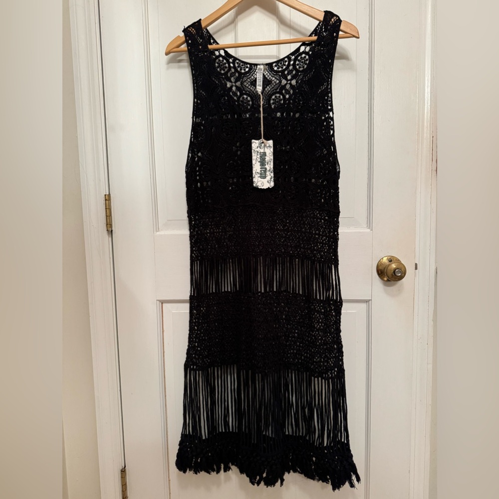 NWT Fringe Crochet dress black L